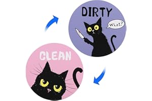 2pcs Black Cat Clean Dirty Dishwasher Magnets, Double-Sided Round Funny Cats Dishwasher Magnet Clean Dirty Sign Flip for Kitc