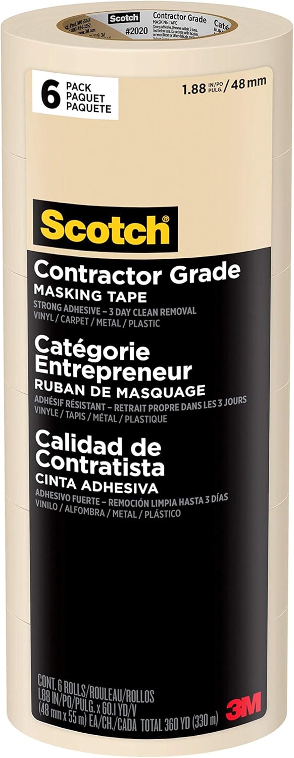 Scotch Contractor Grade Masking Tape, 1.88 inches by 60.1 yards (360 yards total), 2020, 6 Rolls - Painters Masking Tape - 