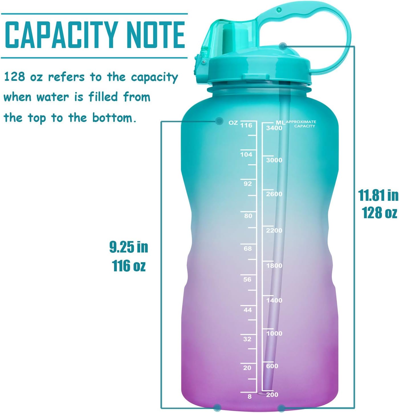 Giotto Large 1 Gallon/128oz (When Full) Motivational Water Bottle with Time Marker & Straw, Leakproof Tritan BPA Free for Fitness, Gym and Outdoor Sports-Green/Pink Gradient : Sports & Outdoors