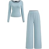 CIDER Women's 2-Piece Sets Ribbed Knit Lounge Set Long Sleeve Top Wide Leg Pants Basic Casual Fall Fashion Outfit