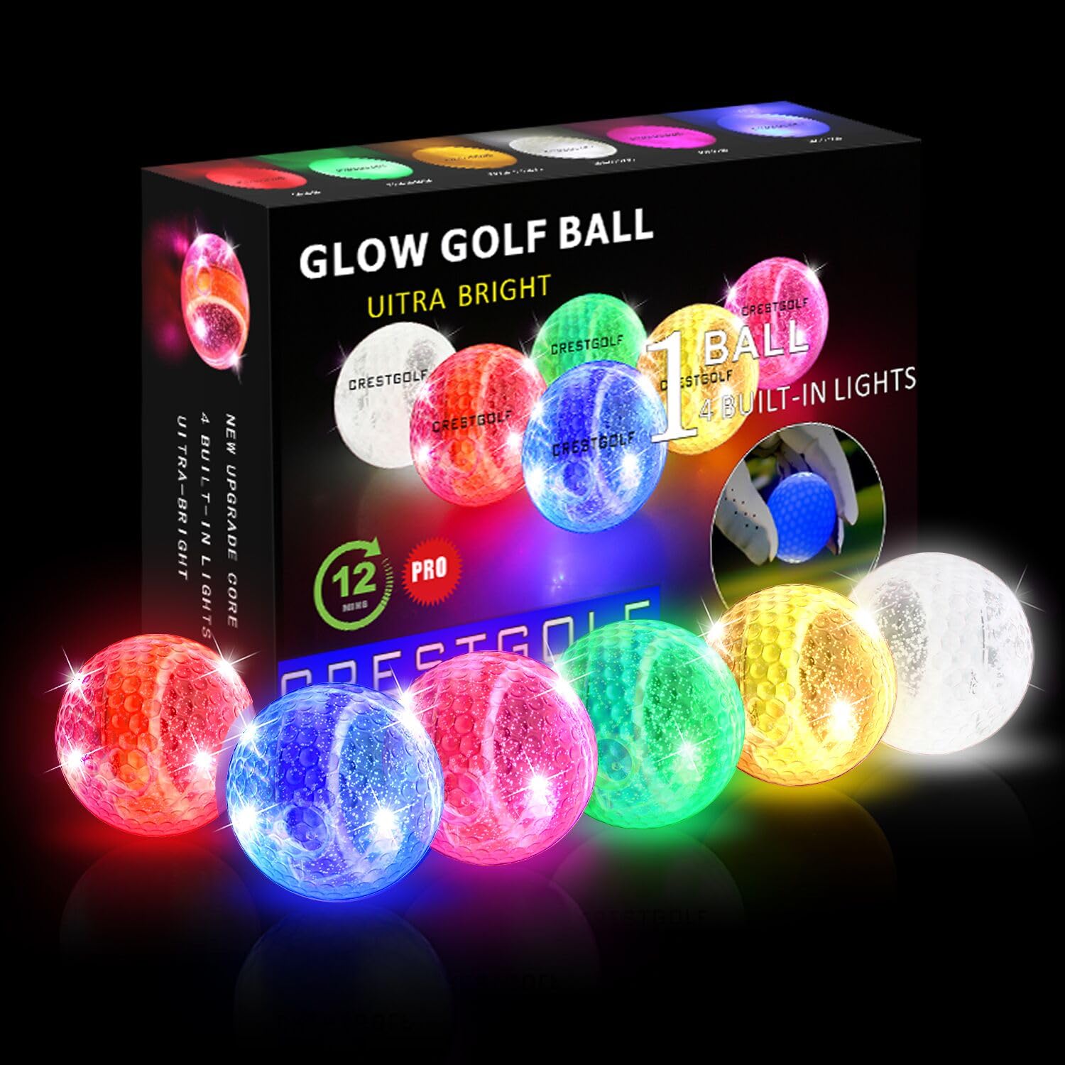 CRESTGOLF LED Golf Balls Colourful Light Up Golf Balls, Golf Gifts for Men Night Glow Flash Light Up Golf Ball for Long Distances, Pink, Red, Blue, Green, Yellow, White