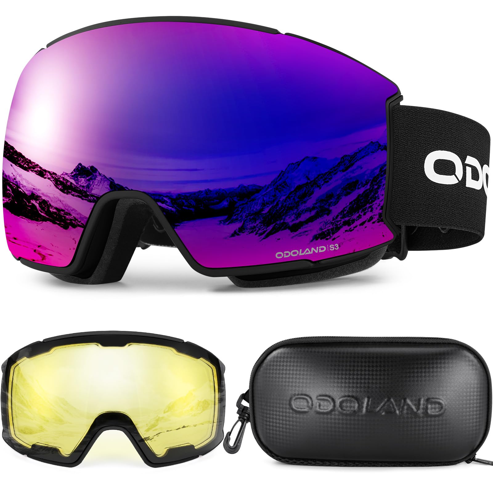 Odoland Ski Goggles Set with Detachable Lens, Interchangeable Lens, Anti-Fog UV Protection Snow Goggles for Men and Women, Helmet Compatible, Black Frame Purple Lens vlt 14%-15% Image