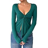 OYOANGLE Women's Long Sleeve Tie Knot Front V Neck T-Shirt Split Hem Trendy Tunic Casual Wrap Crop Tops