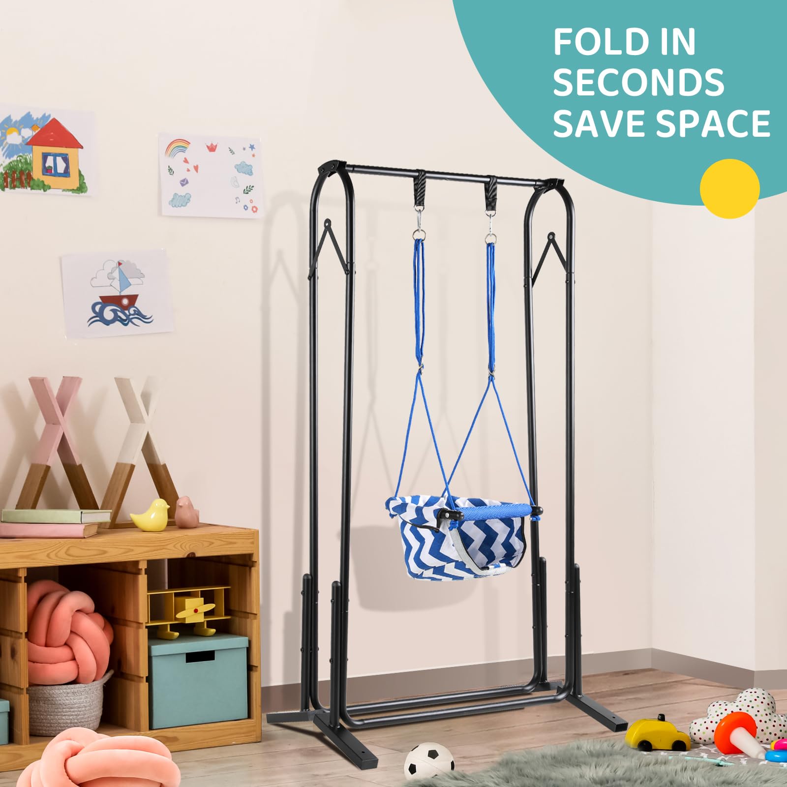 Slevoo 2 in 1 Baby Jumper and Swing, Toddler Swing Set with Foldable Stand, Ages 6 Months to 6 Years, for Indoor and Outdoor Fun, Blue