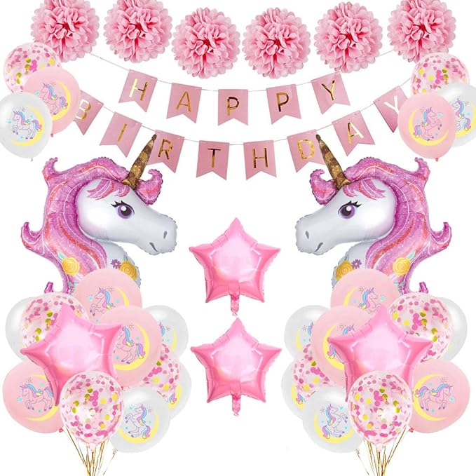 SPECOOL Einhorn Geburtstagsdeko Mädchen,Rosa Happy Birthday Banner Set mit Einhorn Folienballon Latex Konfetti Luftballons Pa