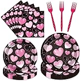 Rakuto 2000s Party Tableware Decorations, 96PCS Y2K Plates Napkins and Forks Set, Pink Heart Disposable Birthday Wedding Party Supplies Serve 24