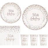 Crisky Rose Gold Foil 50 Fabulous Napkins Plates Cups Set for Women 50th Birthday Party Decorations Supplies, Disposable Tableware Set of 24 (9" Plates, 7" Plates, Luncheon Napkins, 9oz Cups)