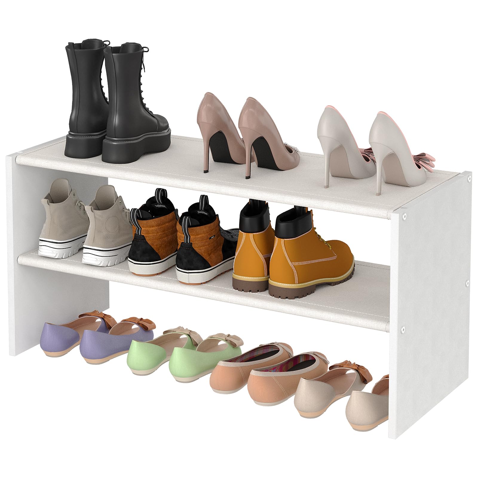 Photo 1 of 2 Tier Small White Shoe Rack For Closet, Stackable Shoe Shelf Organizer for 9 -12 Pairs of Shoes, Small Shoe Storage Organizer for Entryway, Hallway, Garage,Living Room, Bedroom, Size 28.5"* 11" * 13"
