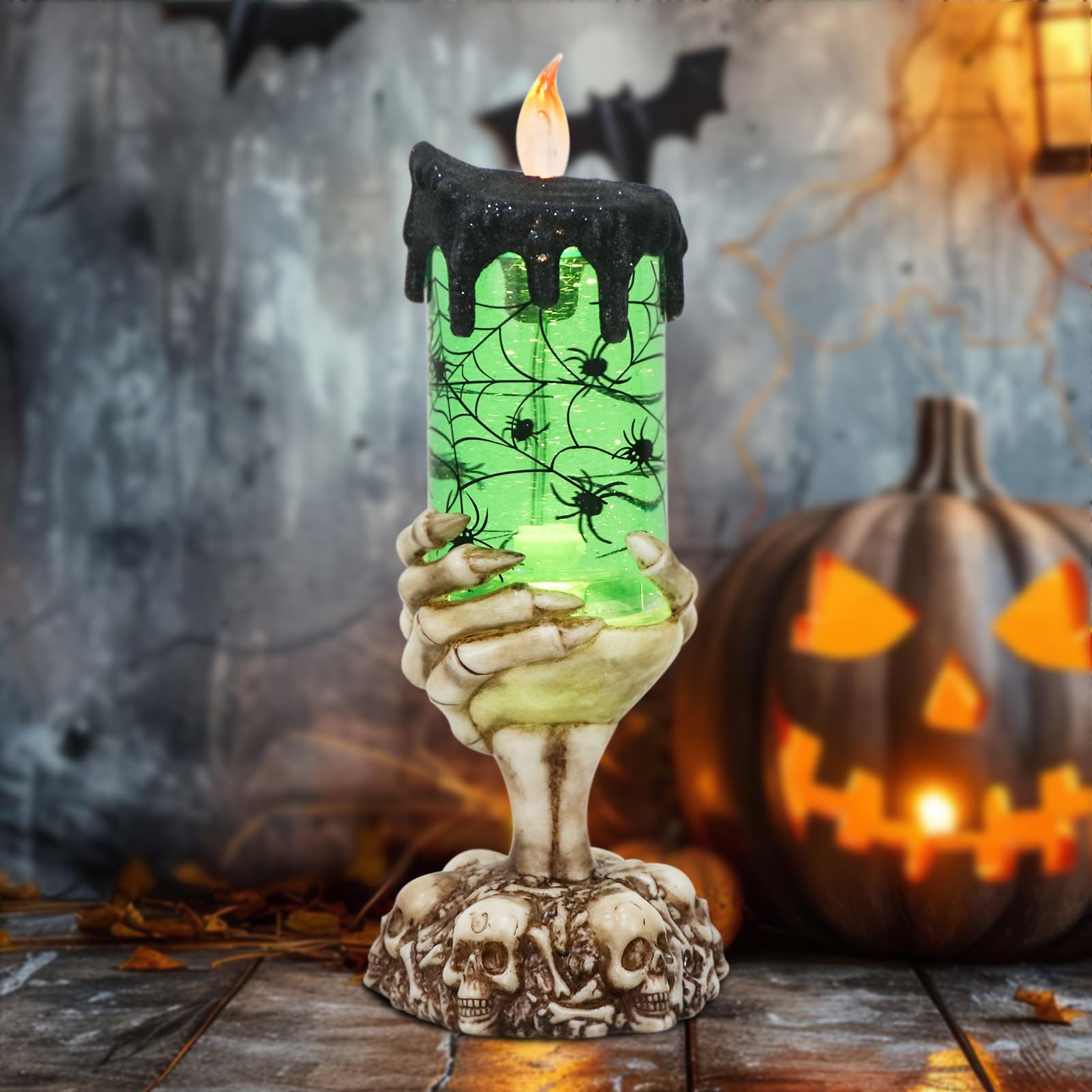 Photo 1 of Eldnacele Halloween Snow Globe Candles Lighted Lamp USB Powered Battery Operated Spooky Spinning Water Glittering Tornado Flameless Candles Skeleton Hand Holder Halloween Centerpiece Decor(Spider)