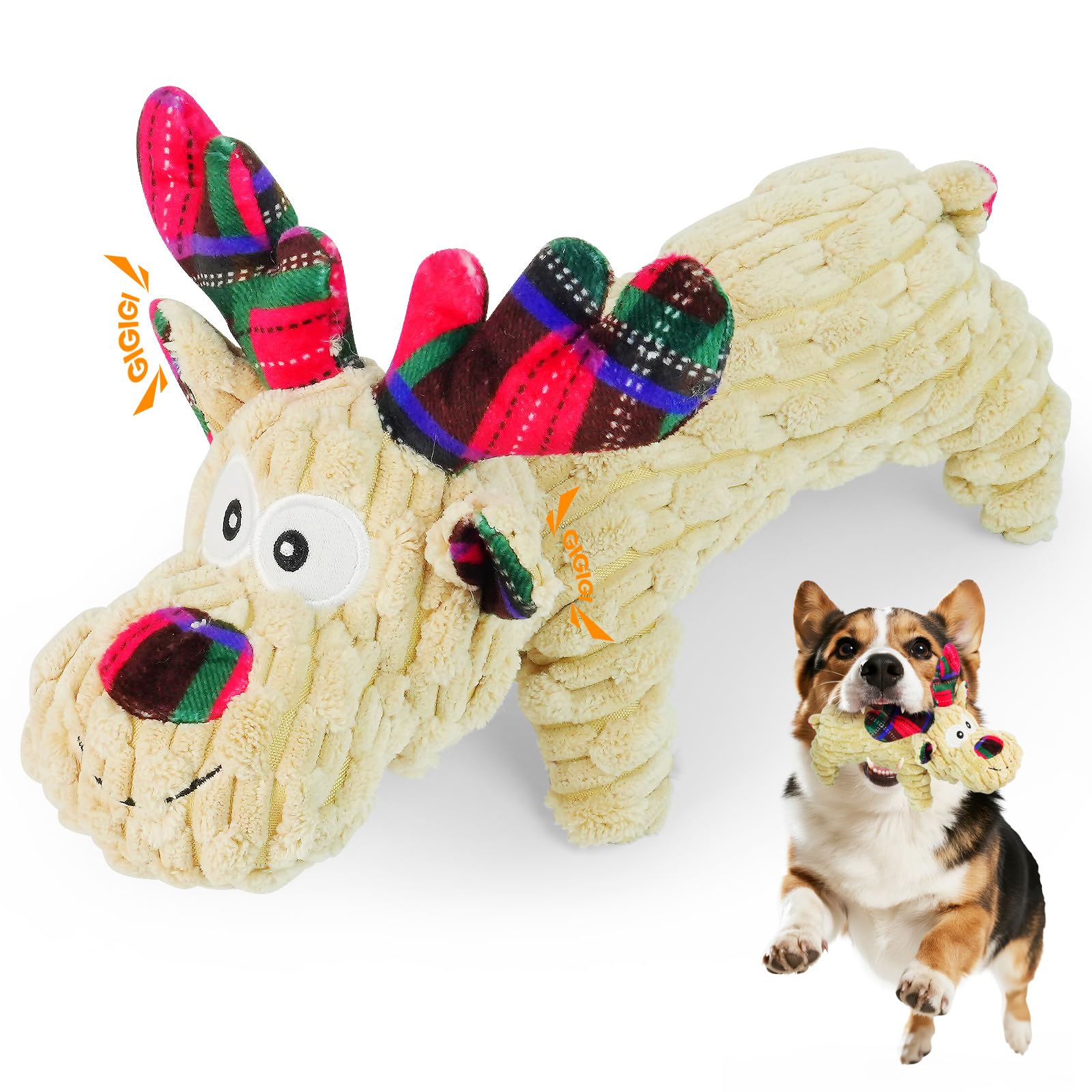 ROSAUI Christmas Dog Toy – Adorable Reindeer Plush with Squeaker – Durable Corduroy Chew Toy for All Dog Sizes – Soft, Safe & Interactive Festive Gift for Pets