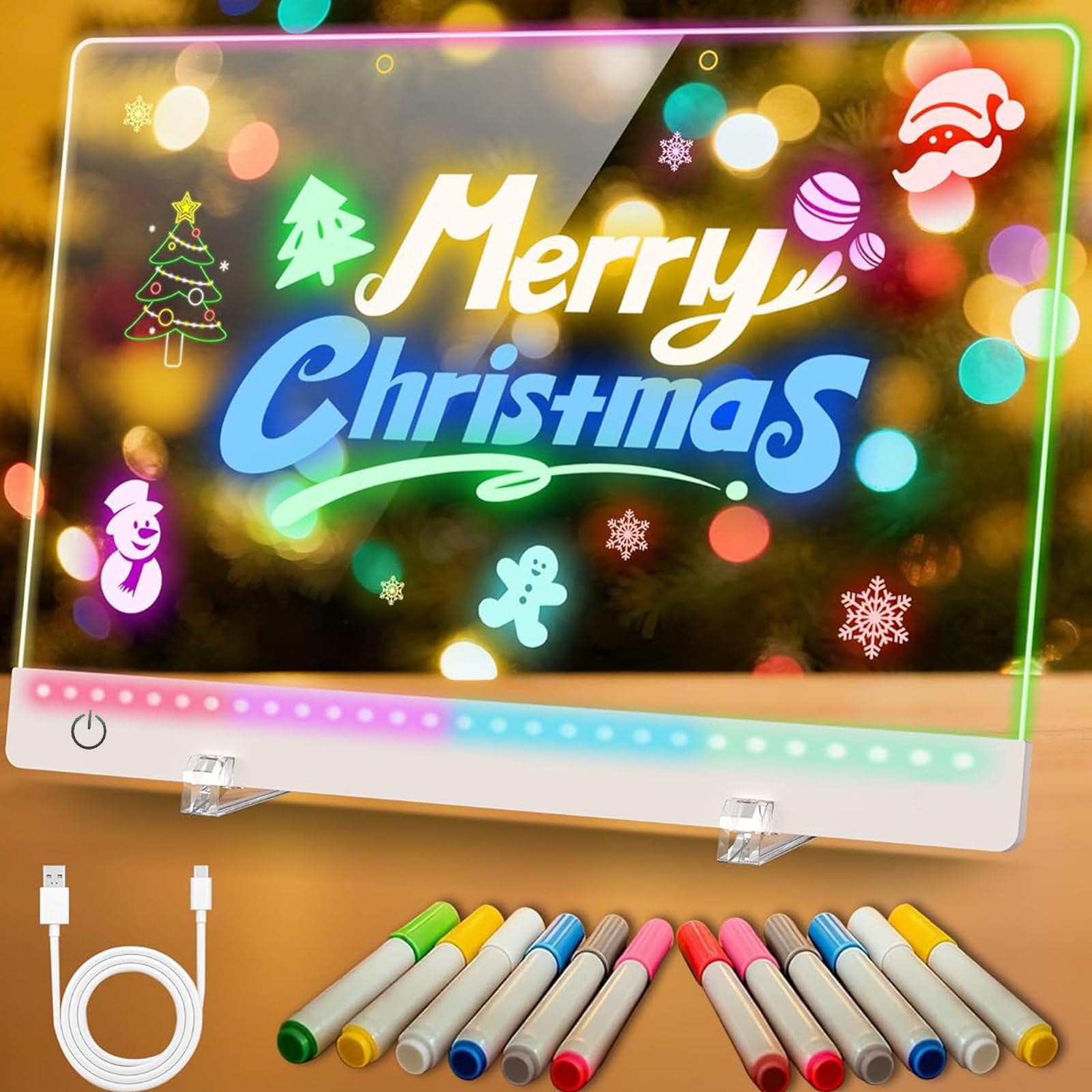 LED Note Board with 7 Color Light Modes, Rechargeable Neon Glow Art Drawing Pad with Stand, Dry Erase Sketching Board for School Home Cafes, Includes 12 Markers (35x25cm)