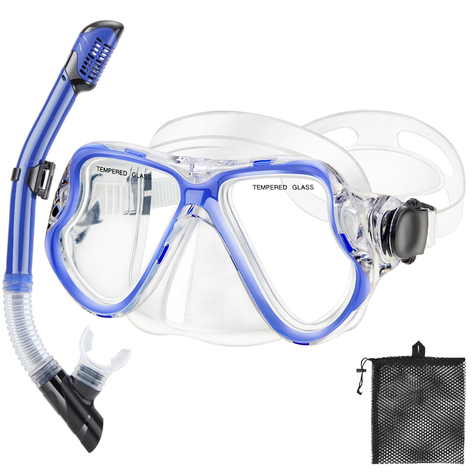 Photo 1 of PIYAZI Snorkeling Gear for Adults Kids, Dry Snorkeling Set, Panoramic Anti-Leak and Anti-Fog Tempered Glass Lens, Adjustable Strap Snorkel Set with Mesh Bag Ear Plug for Snorkeling Scuba Diving Travel