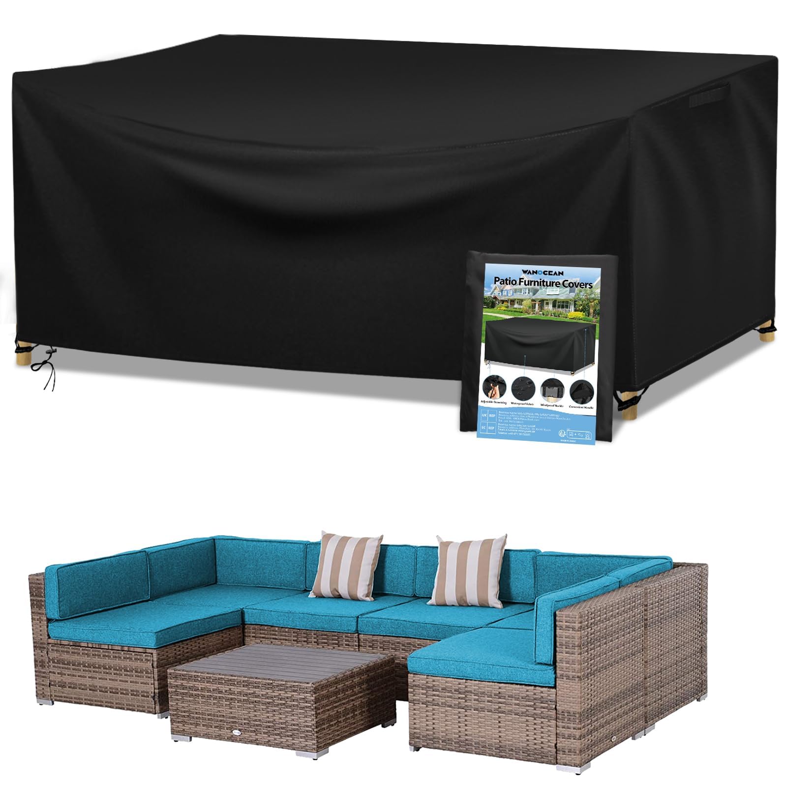 Wanocean Garden Furniture set Covers, Outdoor Patio Furniture Cover Waterproof 420D Oxford Anti-UV Tear-Resistant Rectangular Rattan Furniture Covers 250x200x80cm