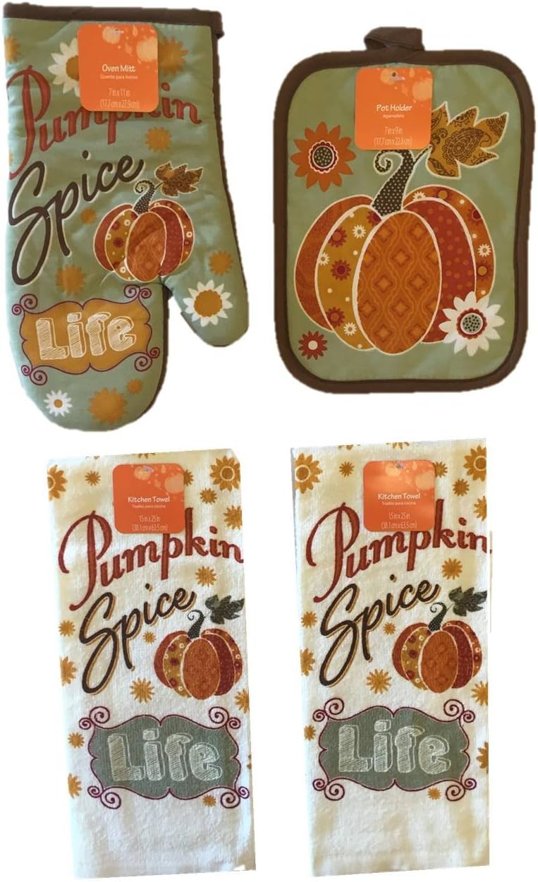 Fall Themed Kitchen Towels, Oven Mitt, and Potholder 4 Piece Bundle Set (Pumpkin Spice Life)