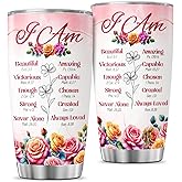 JENOIS Christian Affirmation Gift for Women, I Am Scripture Tumbler with Bible Verses, Inspirational Floral 20oz Stainless Steel Insulated Cup, Religious Faith Present for Mom, Sister, Friend