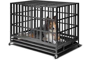 GENERIC Mingjing Enhanced Heavy Duty Dog Kennel Crate Cage with Strong Metal Frame, Double Doors and Lockable Wheels, for Extra Large Dog Breeds, Pet Playpen (Square, 48 inch)