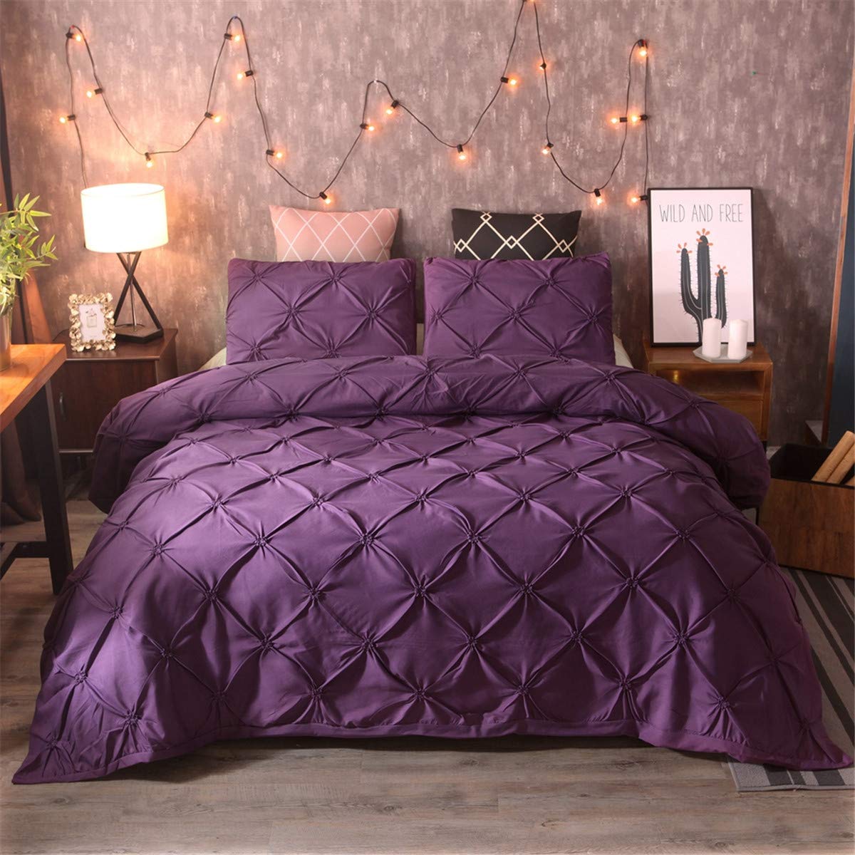 Guidear Purple Pinch Pleat Duvet Cover with 2 Pillowcases 3 Pieces