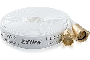 ZYfire Fire Hose - 1-1/2" ID x 50 FT Single Jacket TPU Fire Hose White Industrial Hose Firefighter Hose with NPSH Brass Couplings Lightweight Lay Flat Water Hose for Use in Firefighting