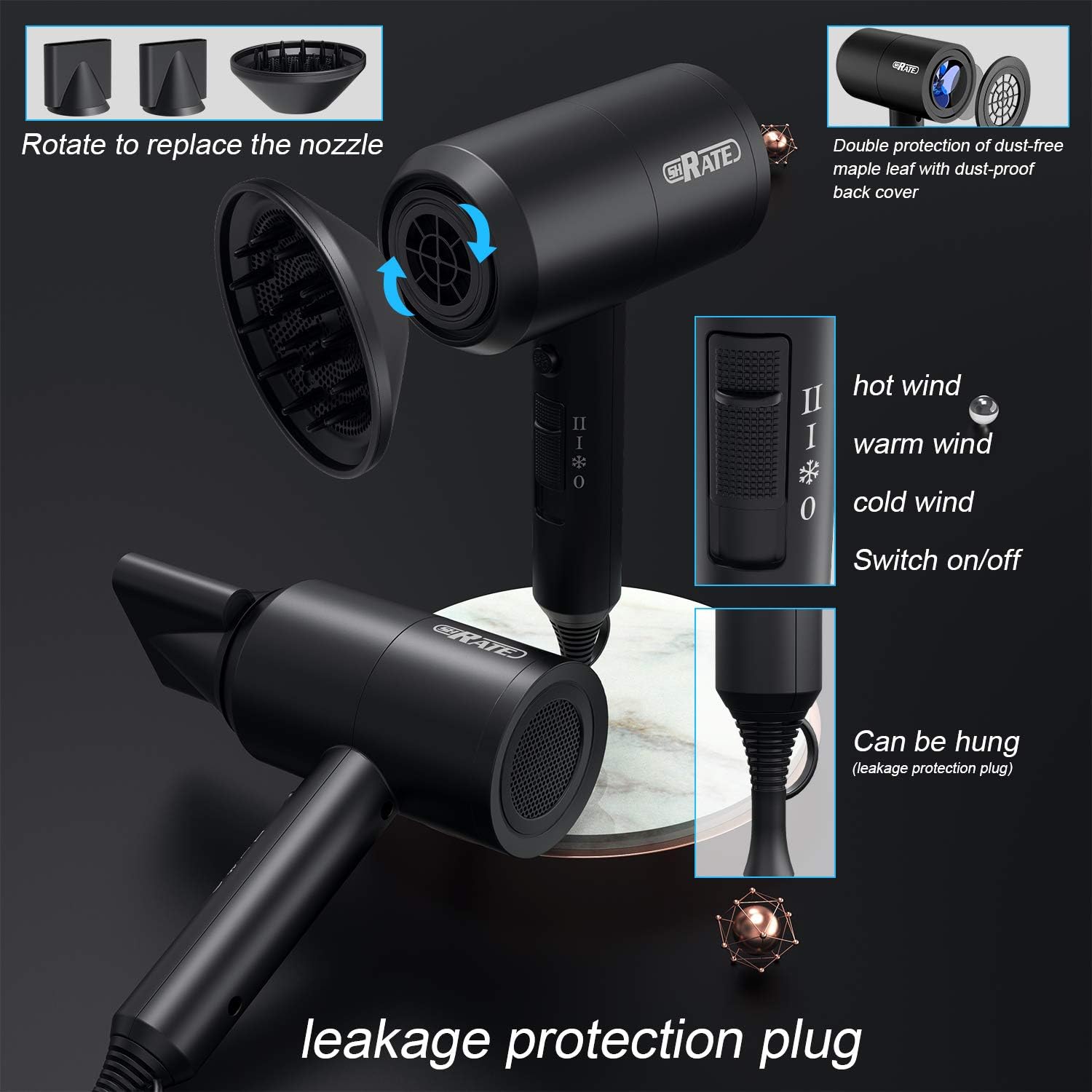 SHRATE Ionic Hair Dryer, Professional Salon Negative Ions Hair Blow Dryer Powerful 1800W for Fast Drying with 3 Heating / 2 Speed/Cool Button, Constant Temperature Hair Care Without Damaging Hair: Health & Personal Care