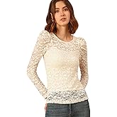 Allegra K Women's Long Sleeve Lace Top Mesh Sheer Fitted Elegant Blouse