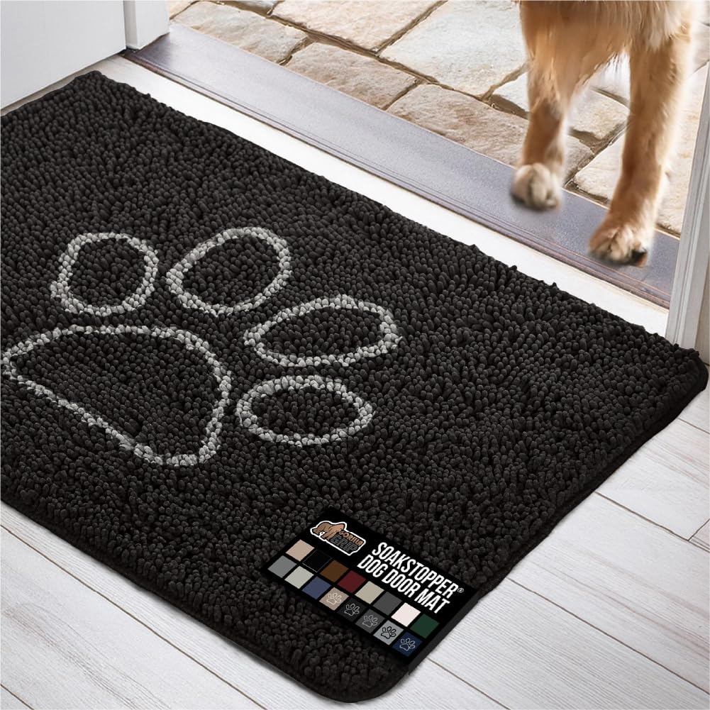 GORILLA GRIP SOAKSTOPPER Dog Door Mat, 36x24 Machine Washable Rug Absorbent Doormat Captures Moisture Mud Dirt, Quick Dry Soft Chenille Entryway Rugs Indoor Entrance Mats for Dog Paws, Black White Image