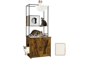 DWANTON Cat Tree with Litter Box Enclosure, All-in-one Modern Cat Tower with Condo, Hammock, Food Station, Scratching Mat, Washable Cushions, Reversible Entrance, 57.9-Inch, Rustic Brown