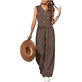 SOLY HUX Women's Summer Suit Set Button Down Vest Wide Leg Pants 2 Piece Vacation Outfit