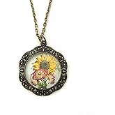 Fern & Filigree Sunflower Necklace for Women - Colorful Pendant with Flowers - Handmade - Vintage Illustration