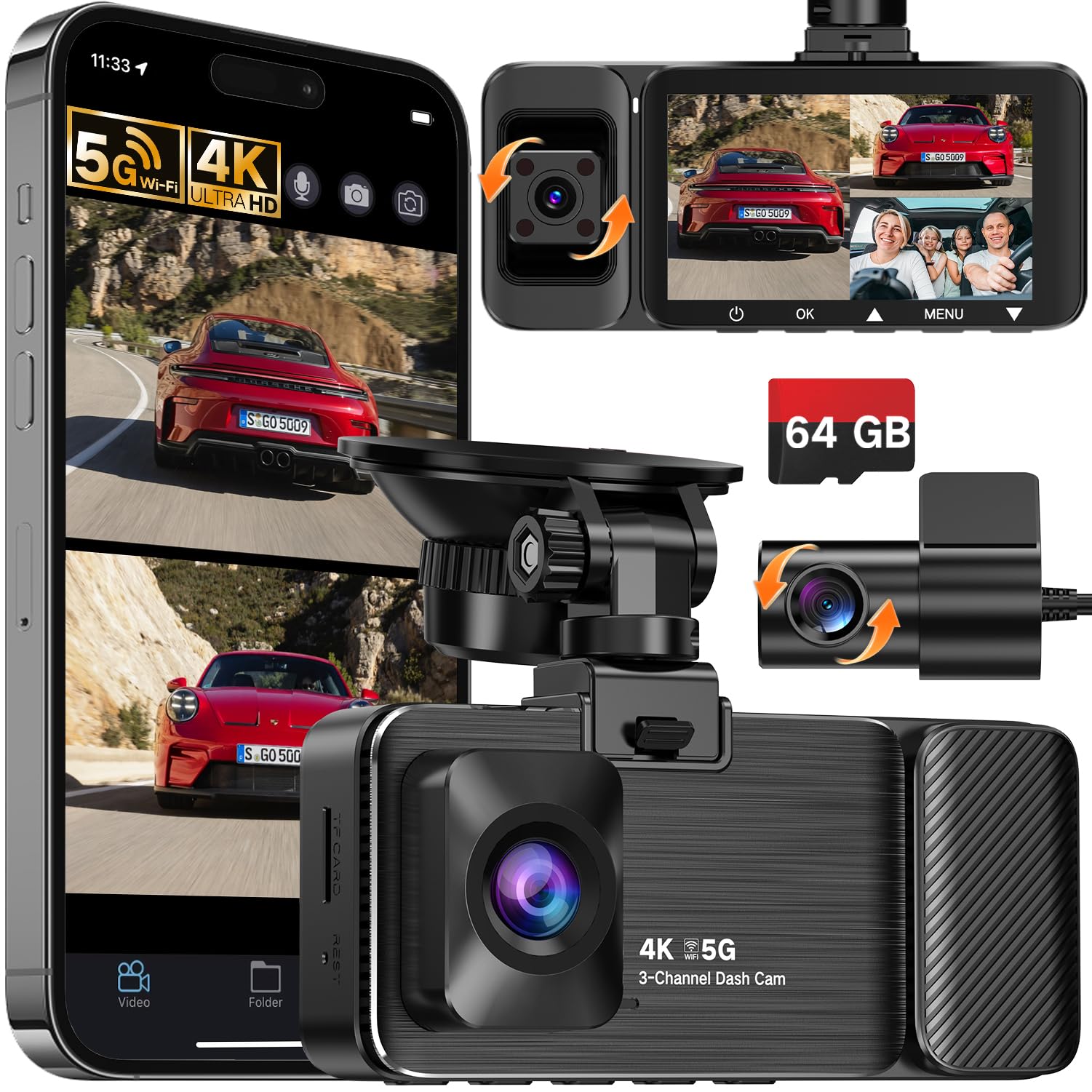 WECOOL 4K UHD 3 Channel Dash Cam Front and Rear Inside