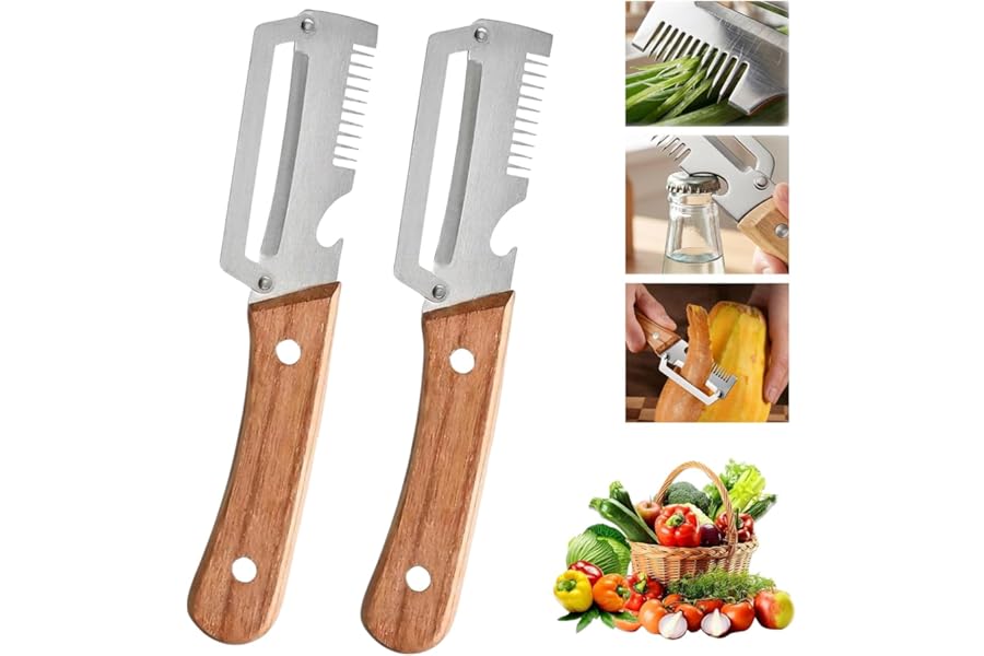 2 PCS Multi-Functional Kitchen Peeler, Professional Kitchen Tool for Chefs Fruit, 3 in 1 Multi Functional Wooden Handle Peeler and Bottle Opener, Kitchen Gadgets for Potato, Carrot, Pumpkin, Apple