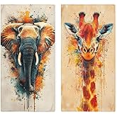 Poytmtiy Elephant Giraffe Hand Towels Set of 2 Animals Colorful Watercolor Art Bathroom Kitchen Towel Lightweight Breathable Face Towel for Gym Hotel Sport Decor 14"x28"