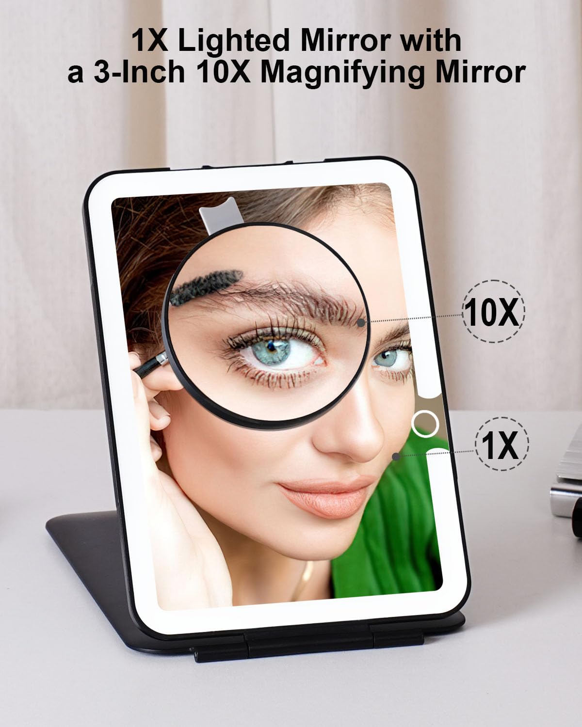 LUKYMIRO Rechargeable Travel Makeup Mirror with Lights, Portable Lighted Vanity Mirror with 10X Magnification, 70 LEDs 3 Color Lights, Touch Tabletop Folding Compact Cosmetic Mirror Black
