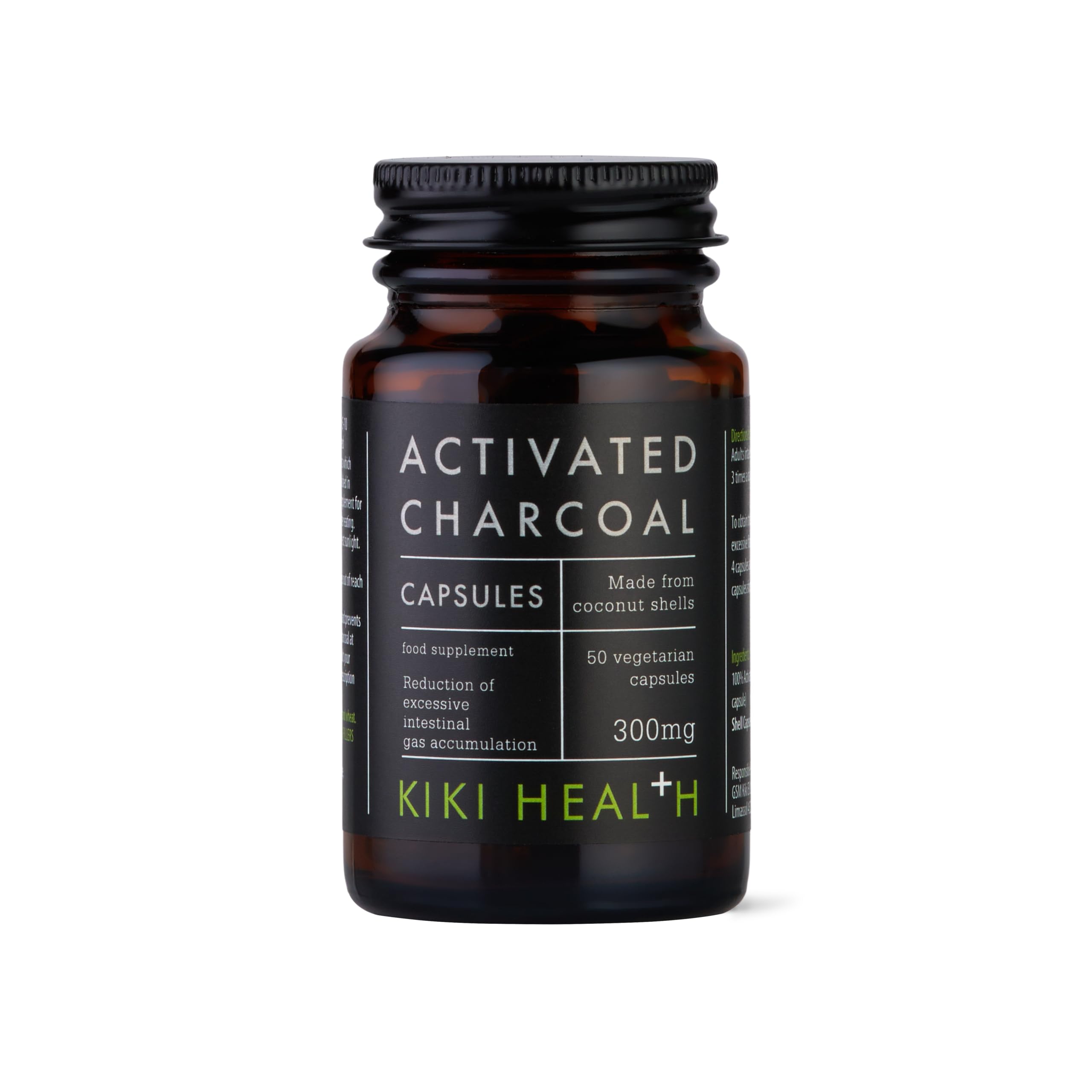 KIKI Health - Activated Charcoal 300mg - Made from 100% Pure Coconut Shells - Contributes to Reducing Excessive Flatulence After Eating - Natural Teeth Whitener - 50 Capsules
