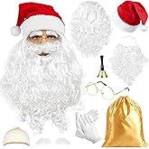 MOVINPE Santa Claus Beard and Wig Set for Adult Men Santa Costume Accessories, Beard Wig Eyebrows Hat Glasses Gloves Satin Gift Bags Hand Bell, Perfect for Celebrations Festive Events Parties