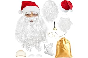 MOVINPE Santa Claus Beard and Wig Set for Adult Men Santa Costume Accessories, Beard Wig Eyebrows Hat Glasses Gloves Satin Gift Bags Hand Bell, Perfect for Celebrations Festive Events Parties