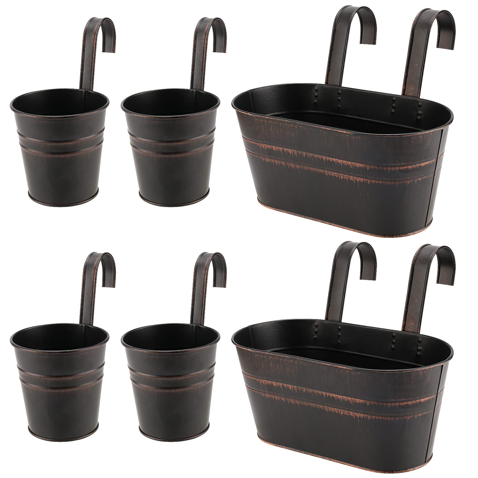 ZOENHOU 6 Pack Hanging Plant Pots, Detachable Metal Wall Planter with Drainage Hole, Over Fence Balcony Bucket Planter for Railing, Indoor and Outdoor, Black