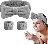 Aomig Spa Headbands for Women Bowknot Elastic Microfiber Grey 1+2 Wrist Straps view 9