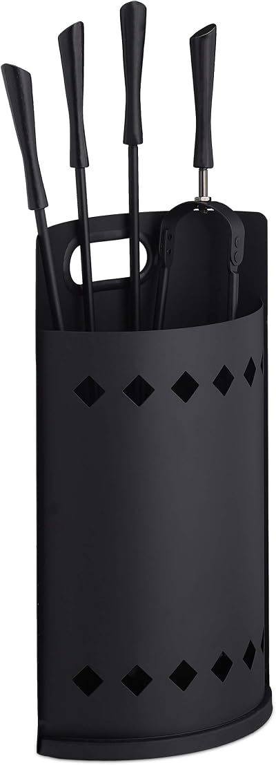 Relaxdays 5 Piece Fireplace Tool Set Black Poker Tongs Shovel Broom Bucket Stand