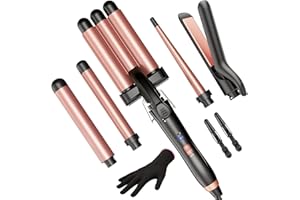 5 in 1 Wand Curling Iron-Kinked Curling Wand Set with Flat Iron Hair Straightener, 3 Barrels Hair Crimper, 3 Ceramic Curling Irons (0.35"-1.25"), 2 Temps Fast Heat Hair Waver Curler with Glove & Clip