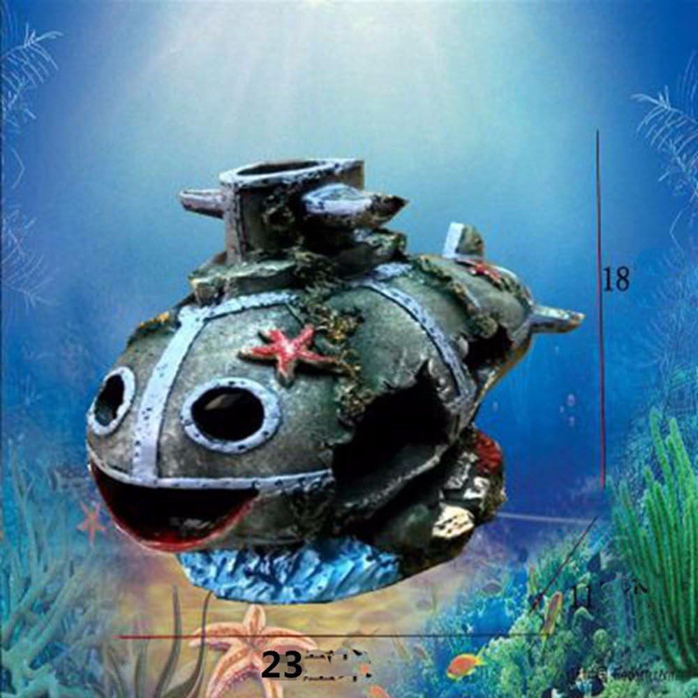 Pirate Ship Aquarium Landscaping Aquarium Decoration Boat Evasion House Decoration Hollow Resin Large Wreck Driftwood,潜水艇,about 32*11*18cm,