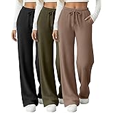 Sweetyweee 3 Pack Women's Ribbed Knit Lounge Pants Comfy Wide Leg Slacks with Pockets Loose Yoga Sweatpants Casual Joggers