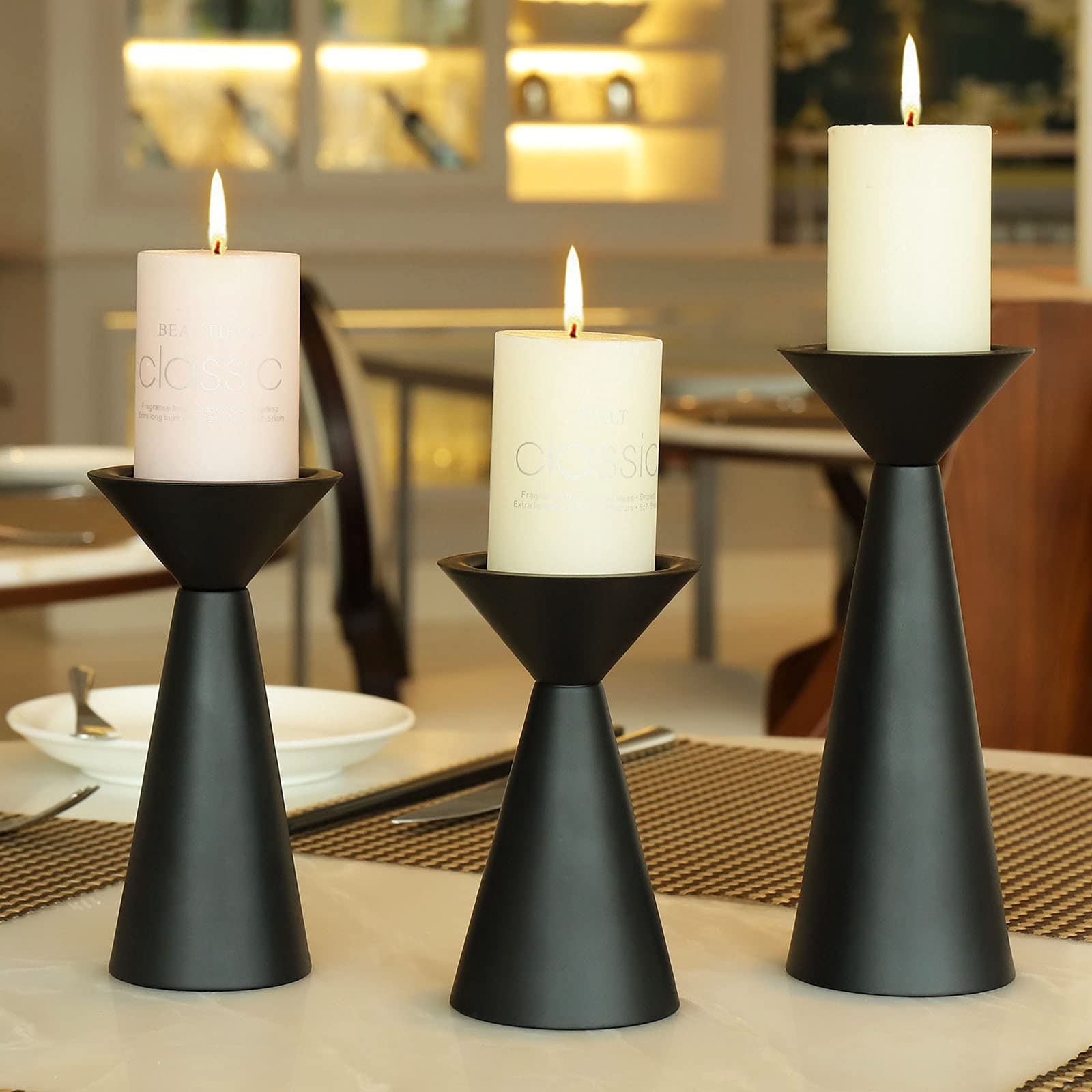 Photo 1 of Black Candle Holders Set of 3 - Metal Candle Holders for Pillar Candles - 3 Pillar Candle Holder Centerpiece - Pillar Candle Holders for Table - Black Candle Holder Set Candle Stands Decorative