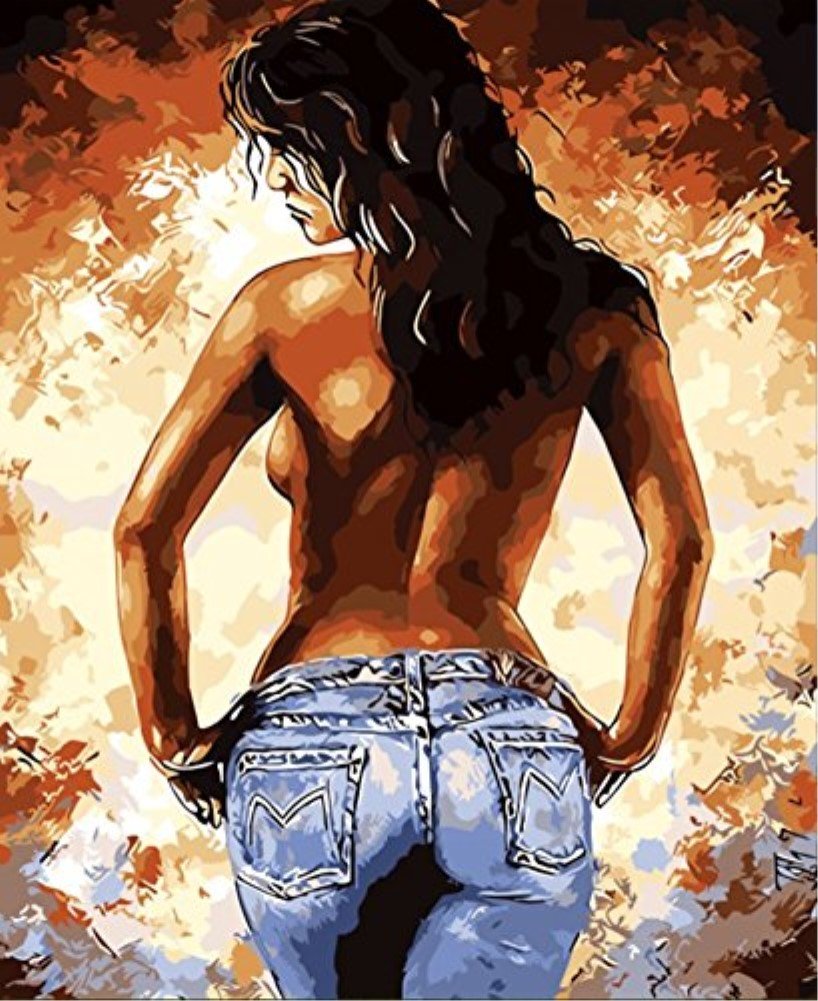 YEESAM ART Stationery Beautiful Girl in Jeans, Paint by Numbers 16x20 inch DIY Painting Kits for Home Wall Decor (Girl, Framed)