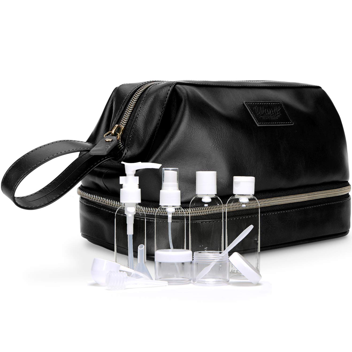 Mens Leather Toiletry Bag Dopp Kit, Perfect Travel Accessory or Gift, Includes BONUS 6 TSA Size Refillable Bottles in Clear Bag (Black)