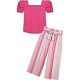 Arshiner Girls 2 Pieces Outfits Kids Square Neck Puff Sleeve Tops and Pants Set with Pockets 6-14 Years