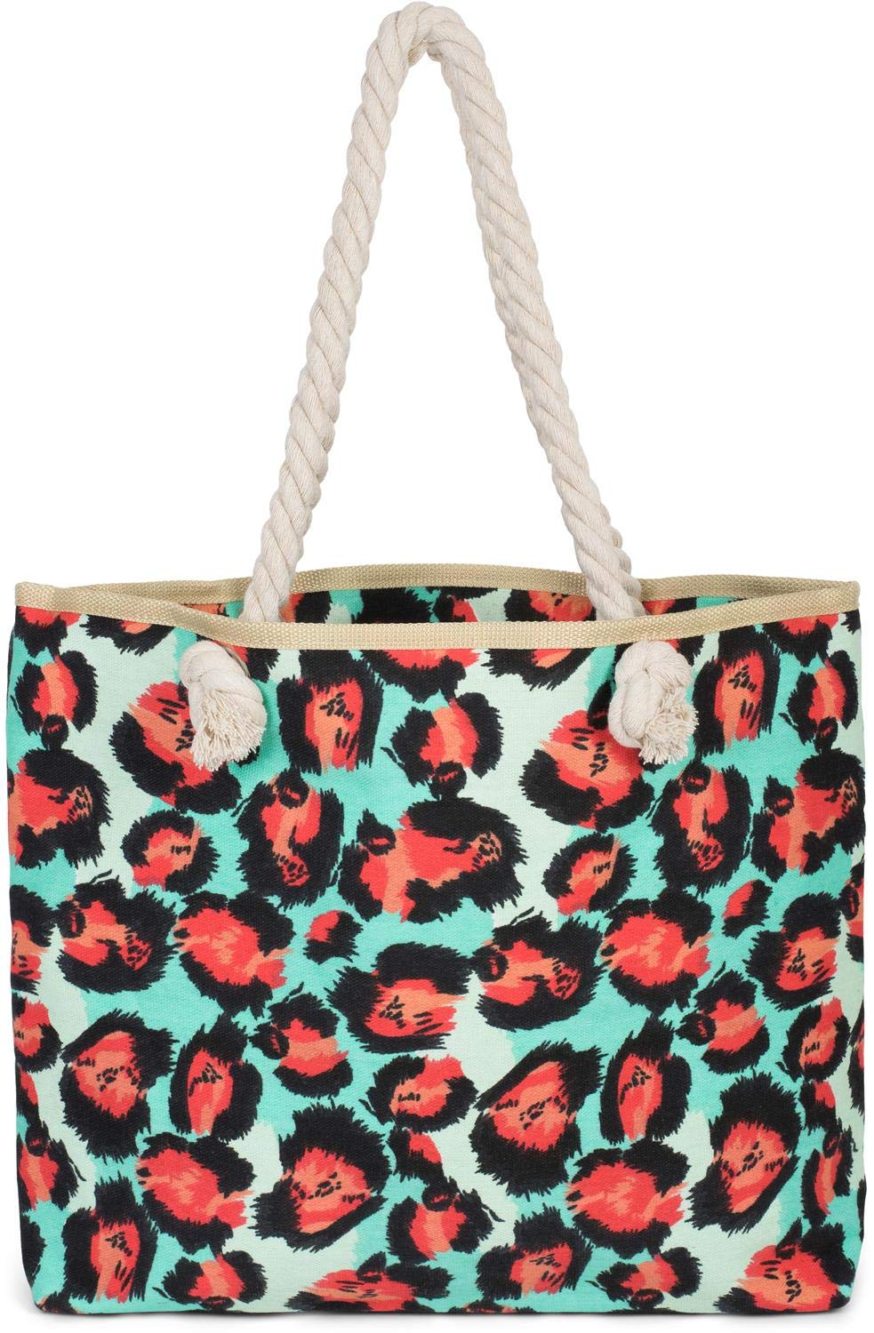 styleBREAKER women beach bag with colourful leopard pattern print and zip, shoulder bag, shopping bag 02012277, color:Turquoise-Red