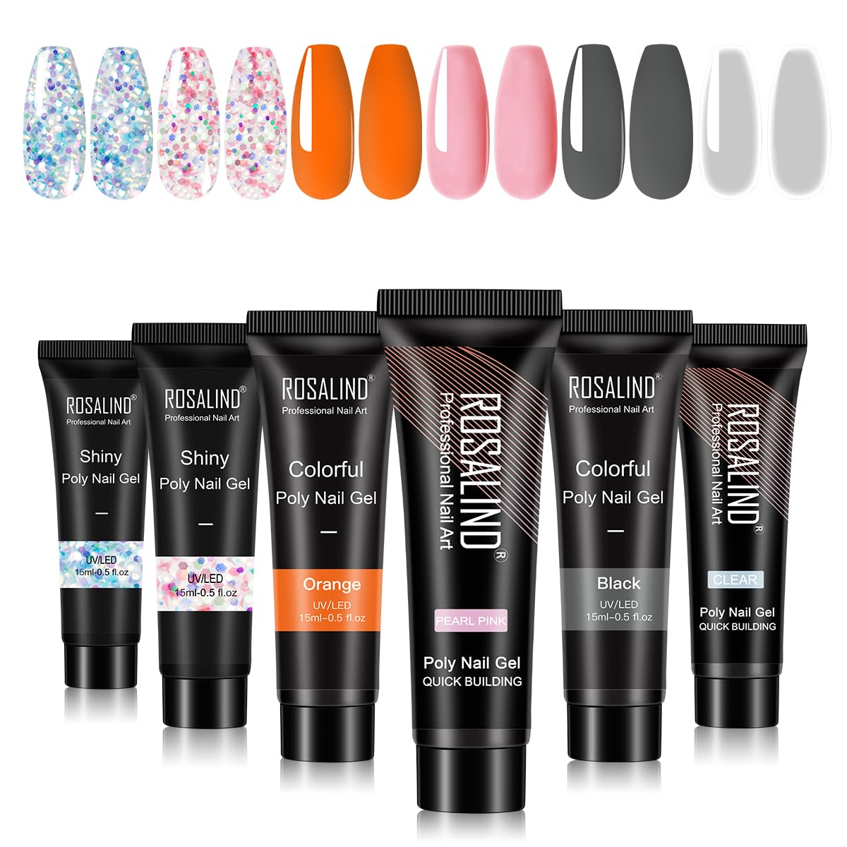 ROSALIND Orange Poly Nail Gel Kit 6 Colors 15ml Pink Clear Glitters Blue Orange and Black Nail Builder Gel Extension Tubes SetDIY Manicure at Home (Bright Multicolors)