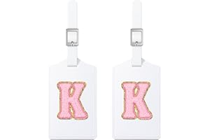 Sodsay 2 PCS Initial Luggage Tag, Luggage Tags for Suitcases Cute Embroidered Letter PU Leather Travel Bag Baggage Tags Privacy Cover ID Label for Women Kids Teens Men(K, White Leather+Pink Letter)