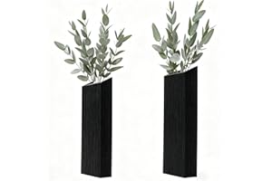 EMINGSKY 2 Pack Black Wood Wall Planters - Farmhouse Boho Pocket Vases for Faux Greenery, Modern Wall Decor for Living Room Bedroom Office (Black)