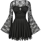 BEAUDRM Women's Gothic Cross Short Dress Grunge Punk Renaissance Lace Bell Long Sleeve Ruched A Line Flared Dresses